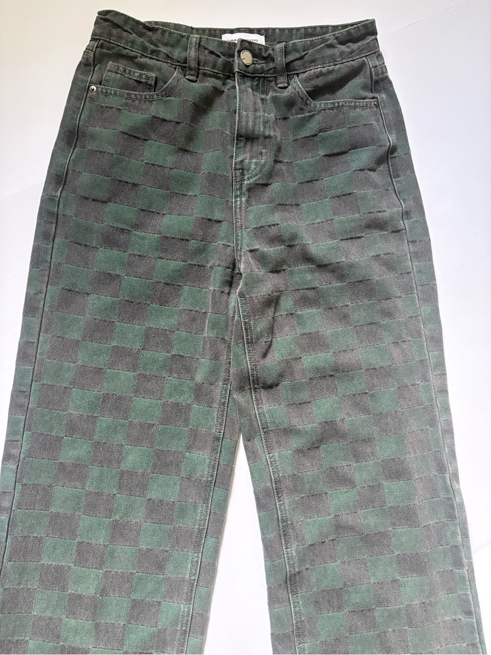 Urban Revivo Wide Leg Plaid/Checker green and grey Jeans, Sz 2, XS.